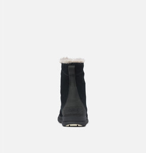 Rear view of black suede ankle boot on white background. Brand name Sorel is visible.