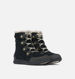 Load image into Gallery viewer, Front right view of a pair of black suede ankle boots. Has white laces.
