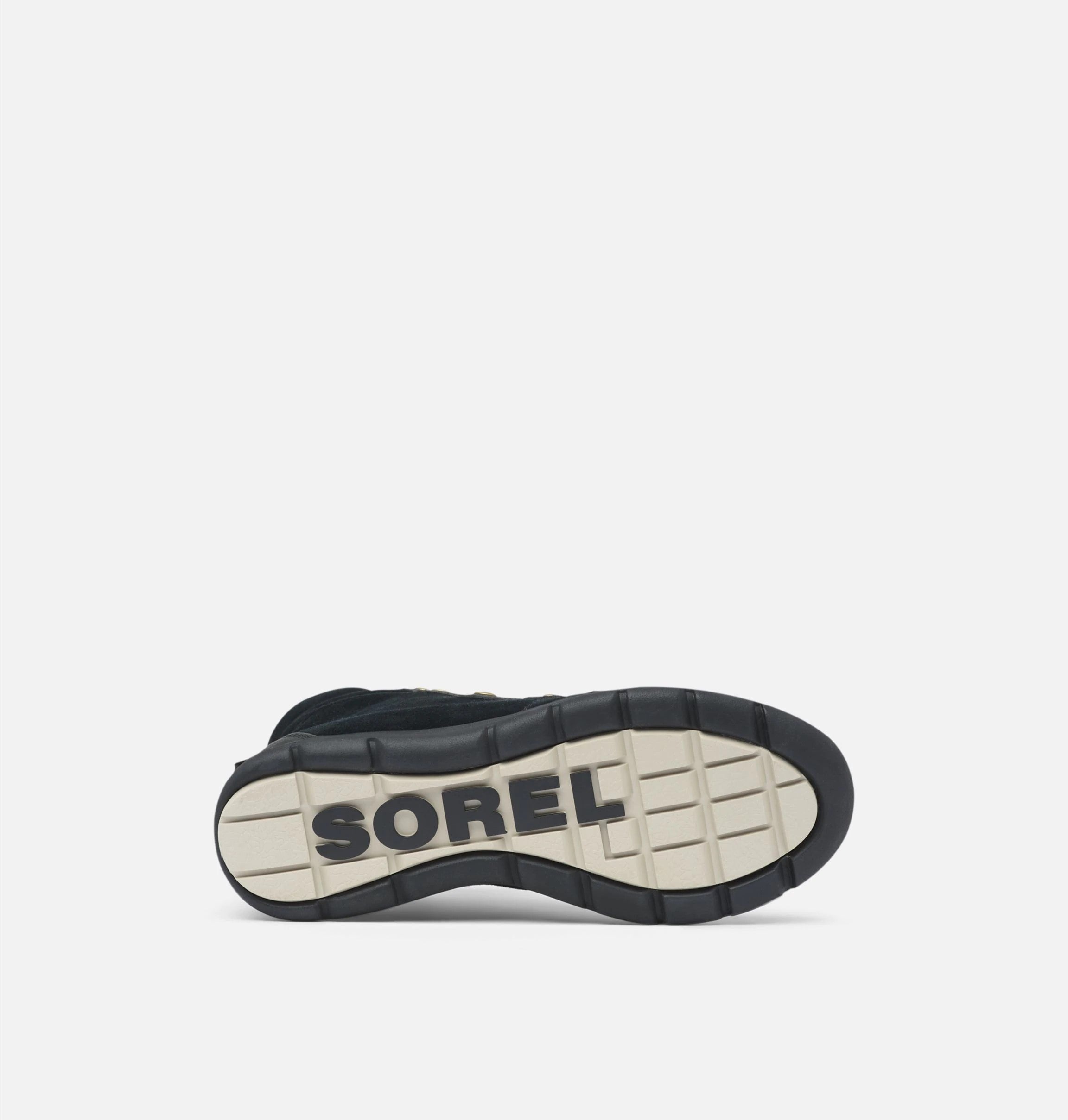 View of sole of black suede ankle boot. Consists of square threads and brand name Sorel is visible on sole. 