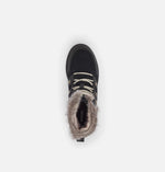 Load image into Gallery viewer, Top view of black suede ankle boot on white background.  It has a fur lining and white laces.
