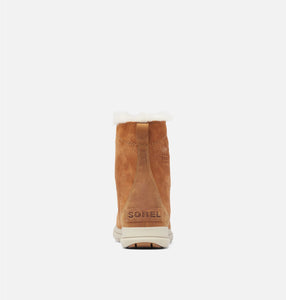 Rear view of brown suede ankle boot on white background. Brand name Sorel is visible.