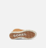 Load image into Gallery viewer, View of sole of brown suede ankle boot. Consists of square threads and brand name Sorel is visible on sole. 
