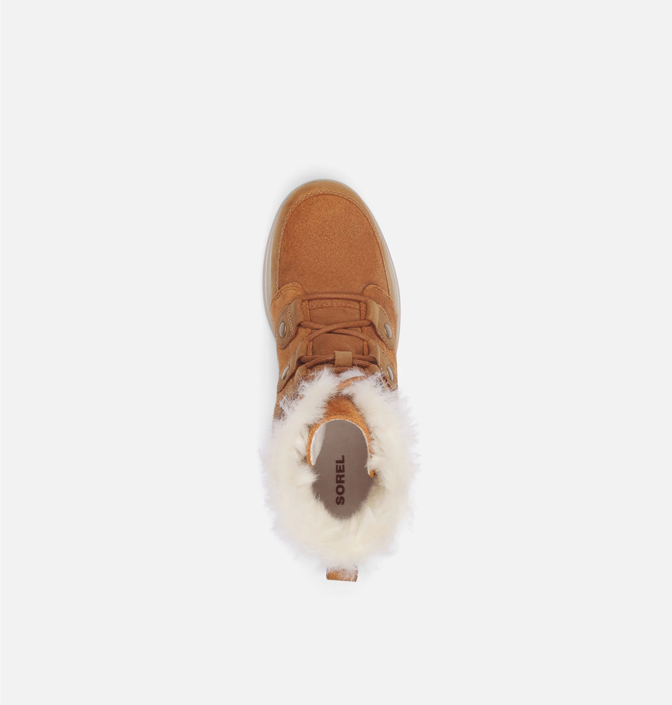 Top view of brown suede ankle boot on white background.