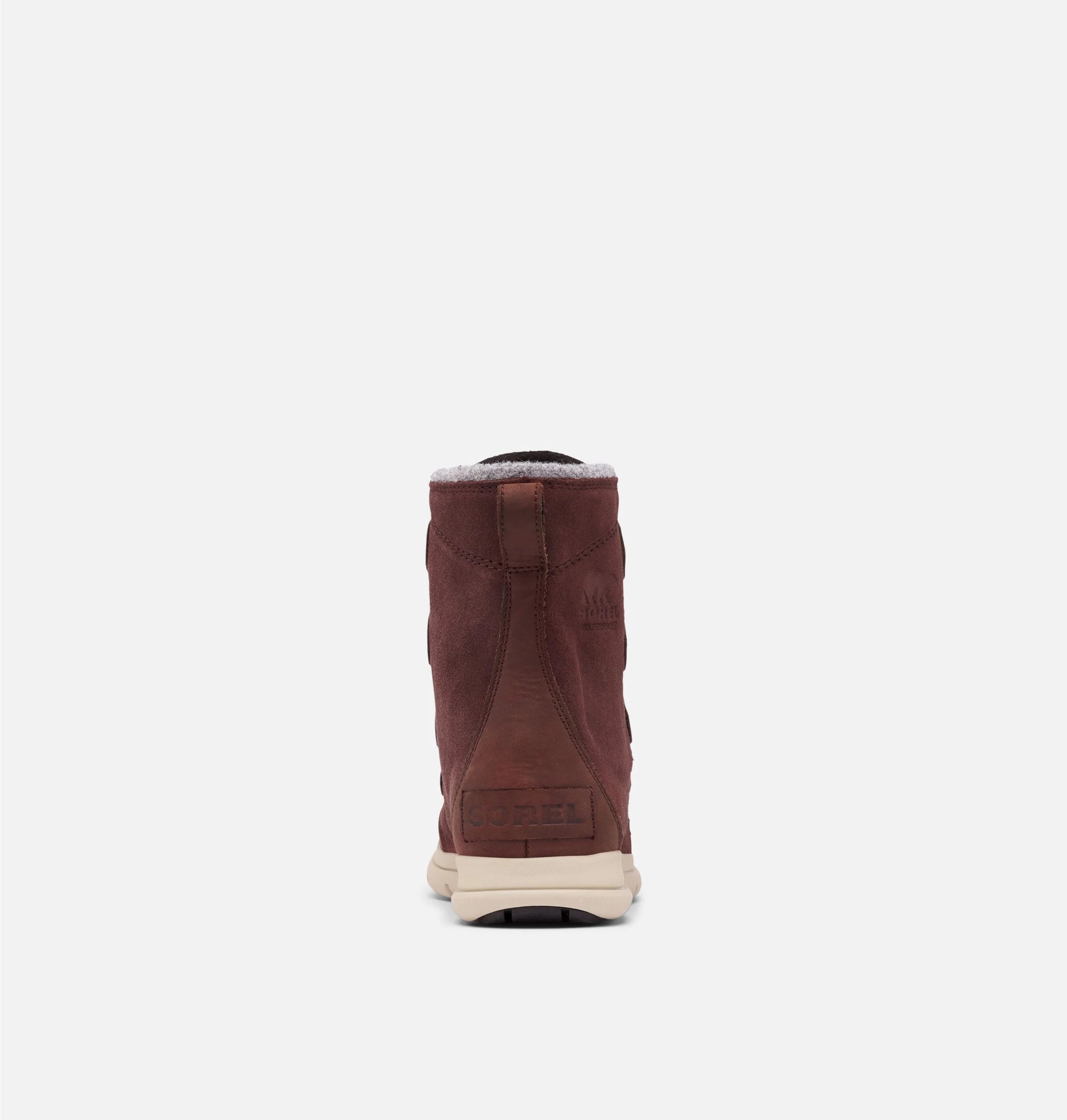 Rear view of reddish brown suede ankle boot on white background. Brand name Sorel is visible