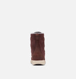 Load image into Gallery viewer, Rear view of reddish brown suede ankle boot on white background. Brand name Sorel is visible
