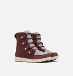 Load image into Gallery viewer, Front right view of a pair of reddish brown ankle winter boots on white background.  It is a two tone boot with reddish accents.
