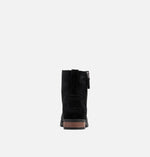 Load image into Gallery viewer, Rear view of black winter boot on white background.  Suede material and wooden heel is visible. Zipper on right side is also visible.
