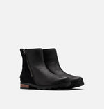 Load image into Gallery viewer, Right side of black leather and suede winter ankle boot. Has a zipper, is glossy and has wooden heel.
