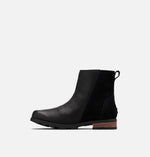 Load image into Gallery viewer, Left view of black winter ankle boot on white background. Features two tone finish of leather and suede. Wooden heel is visible. 
