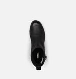 Load image into Gallery viewer, Top view of black leather winter ankle boot. Is glossy and has a zipper on the right side.
