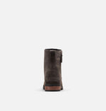 Load image into Gallery viewer, Rear view of brown winter boot on white background.  Suede material and wooden heel is visible. Zipper on right side is also visible.
