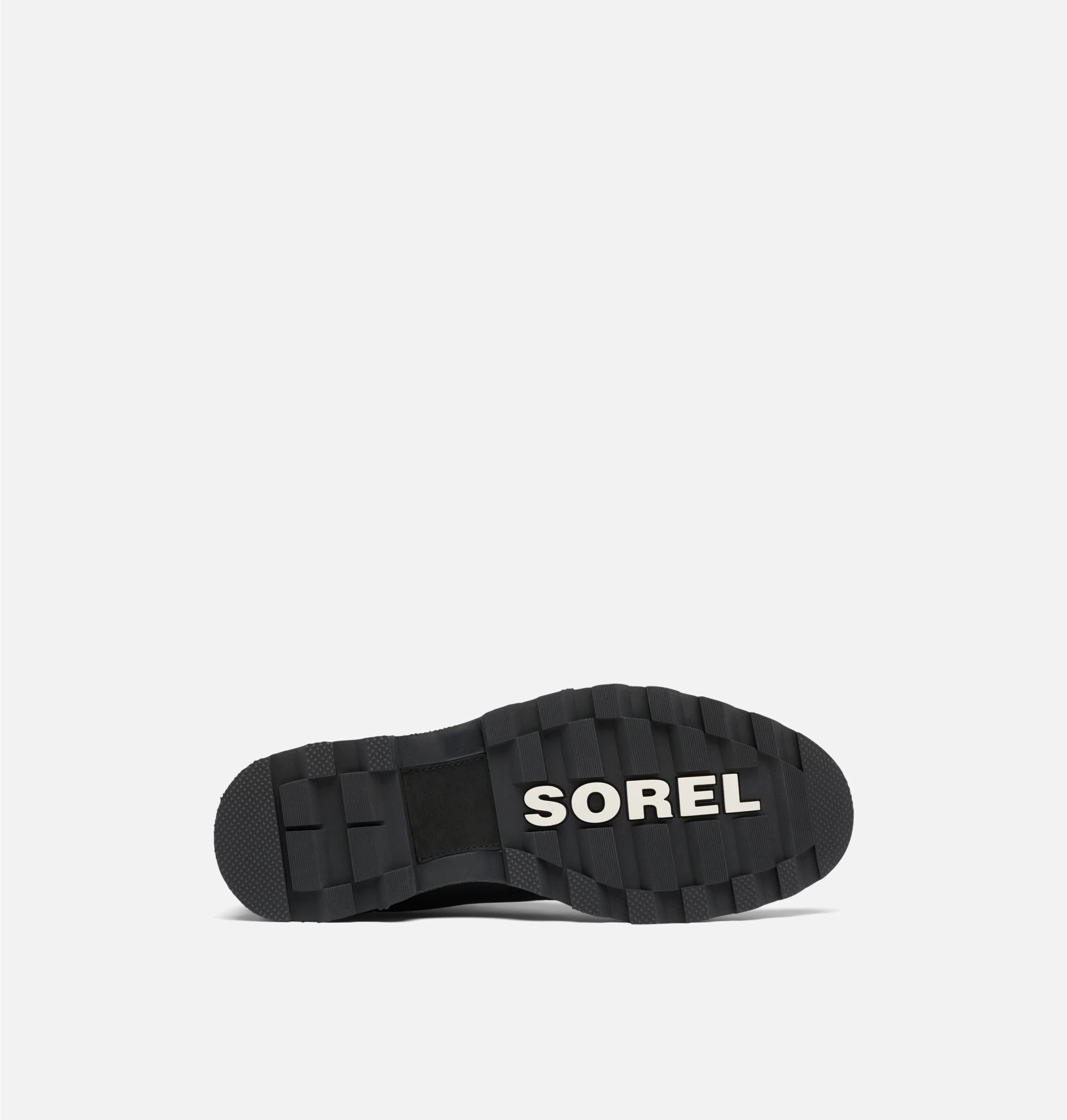 View of sole of matte black leather boot. Has threaded sole with brand name Sorel written on them.