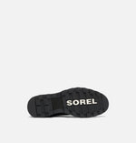 Load image into Gallery viewer, View of sole of matte black leather boot. Has threaded sole with brand name Sorel written on them.
