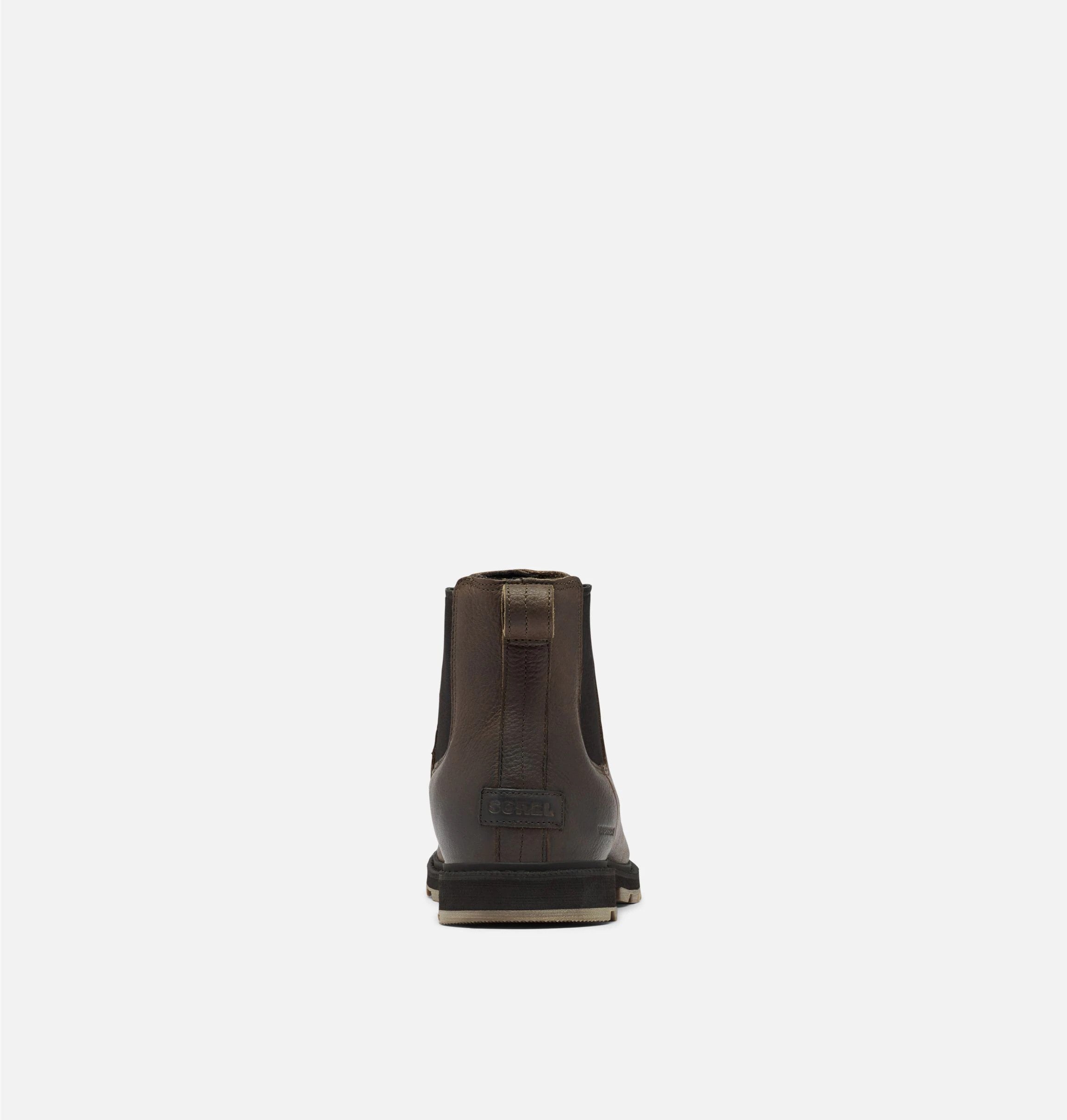 Rear view of matte brown leather ankle boot on white background. Brand name Sorel is faintly visible on boot. 