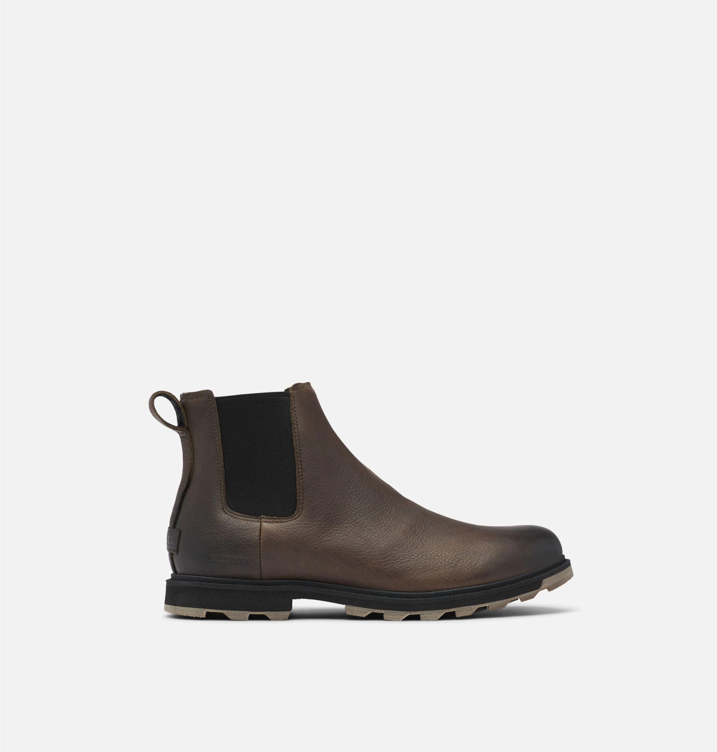 Side view of matte brown leather boot on white background. It is a Chelsea boot and has no laces.