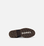 Load image into Gallery viewer, View of sole of brown leather ankle boot. Brand name Sorel is printed in sole. 
