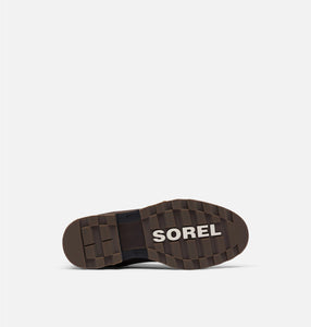 View of sole of brown leather ankle boot. Brand name Sorel is printed in sole. 