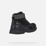 Load image into Gallery viewer, Rear right view of black leather winter ankle boot.
