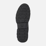 Load image into Gallery viewer, Bottom view of sole of black winter ankle boot. Features threaded sole and brand name Geox.
