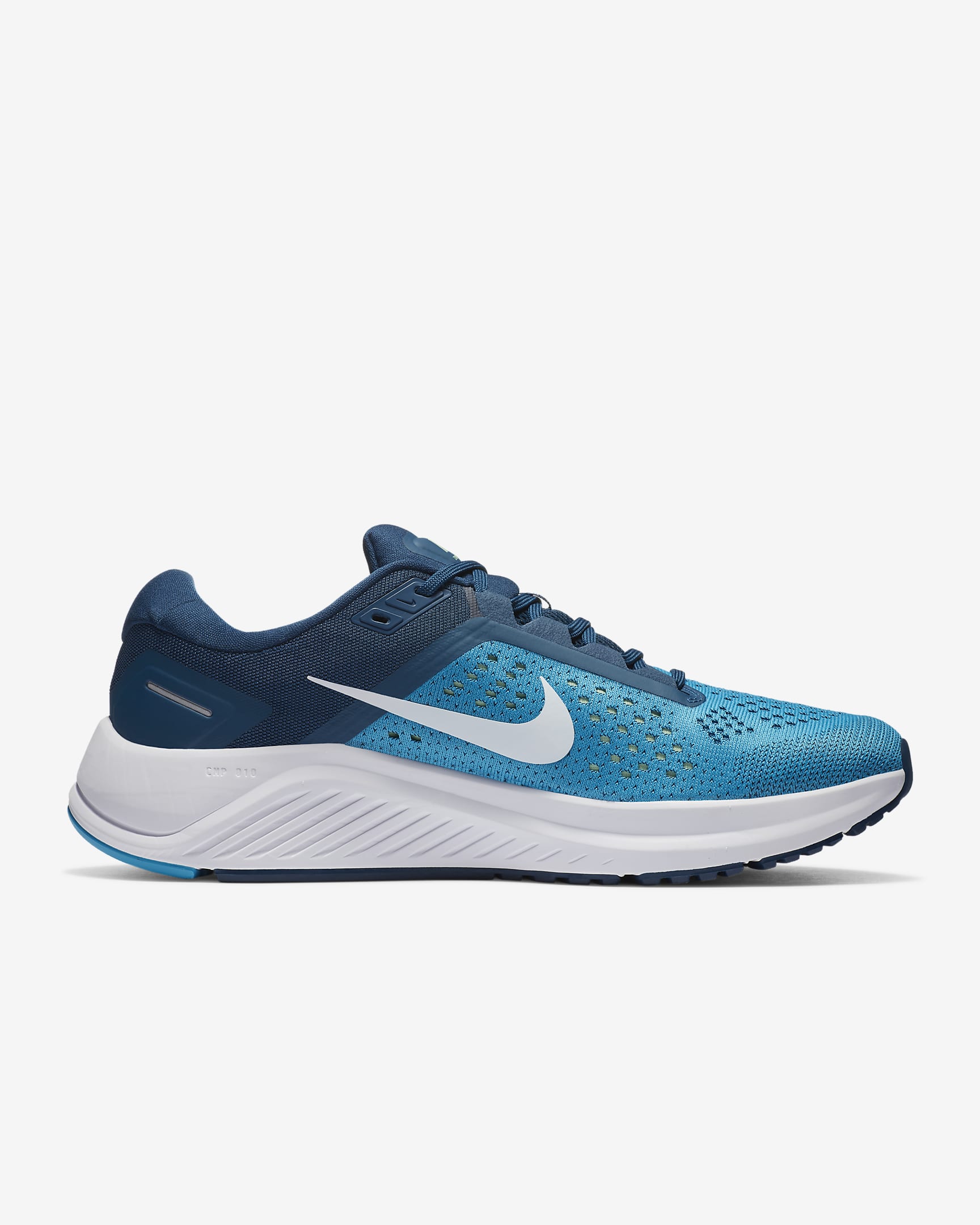 Side view of blue Nike running shoe on white background. Has 2 different accents of blue; dark blue and light blue. It has a white midsole and a white inverted Nike logo on the side.