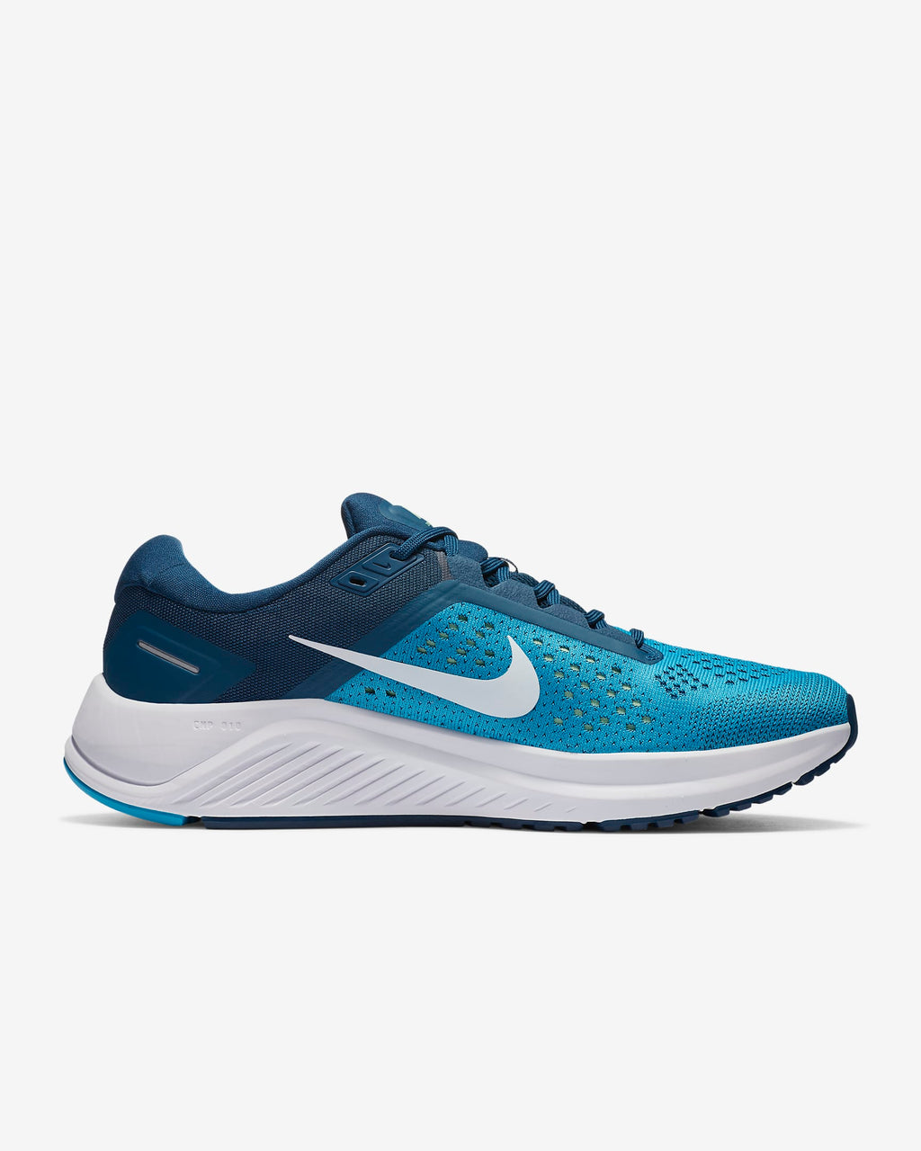 Side view of blue Nike running shoe on white background. Has 2 different accents of blue; dark blue and light blue. It has a white midsole and a white inverted Nike logo on the side.